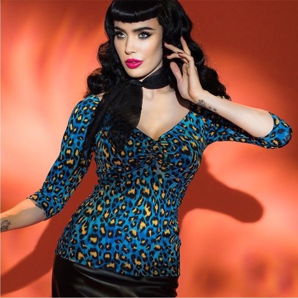Pinup Couture Blue Leopard Print Top